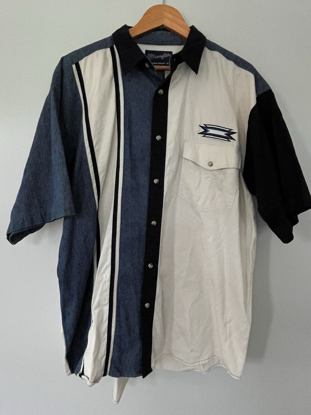 Wrangler Western Pearl Snap Brushpopper Shirt Men's XL Blue/White Stripe & Denim